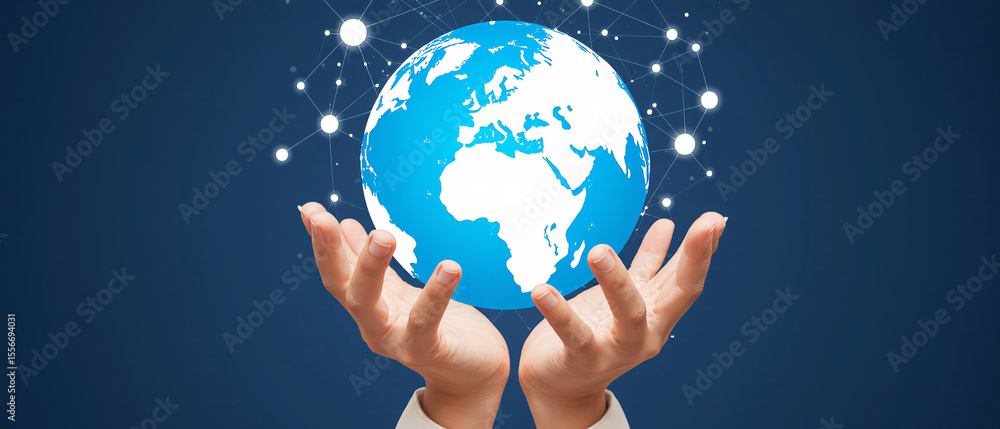 Poster holding glowing digital globe world with network connections in open hands