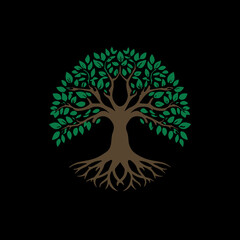 Fototapeta premium Simple vector tree logo with roots, green leaves, and symmetrical circular shape on black background, space for branding.