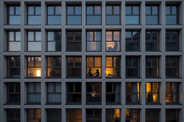 Modern apartment building at night with lit and dark windows, concrete grid facade