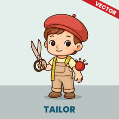 Cute Cartoon Vector of a Kid Tailor Holding Scissors and Measuring Tape - Career Role Illustration for Fashion and Design