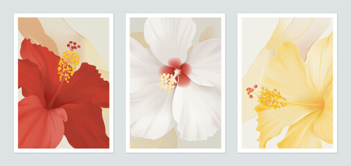 Flower wall art set, minimalist stylized hibiscus flowers on a soft abstract background
