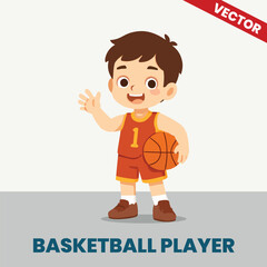 Vector Illustration of Cute Kid as Basketball Player – Cartoon Boy in Sports Uniform Holding Ball