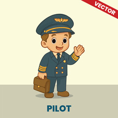 Vector Illustration of Cute Boy Pilot – Cartoon Kid in Aviation Uniform Holding Briefcase