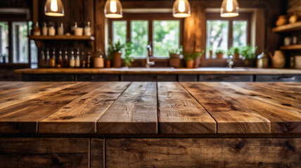 Fototapeta premium Rustic empty wooden table or countertop with a blurred kitchen background. Ideal for food photography for product mockups