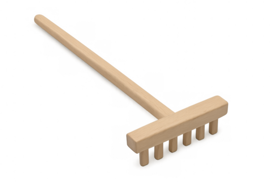 Small wooden rake resting on a transparent background, perfect for gardening tasks and various hobbies, featuring a simple, natural design