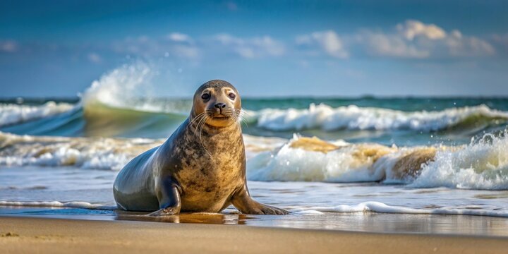 Seal on sandy beach at Dutch coast