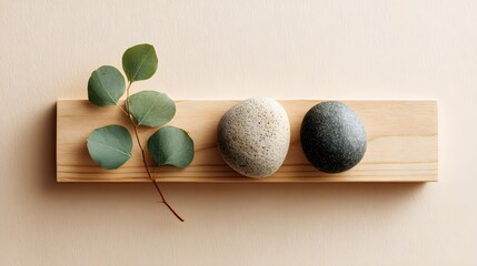 Fresh avocado placed on a natural wooden surface with spa stones and a peaceful arrangement