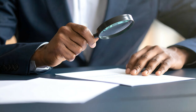 Hand of a businessman holding a magnifying glass to investigate something