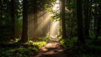 Fototapeta premium Sunlight path through a forest