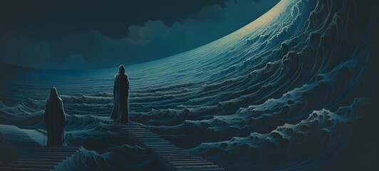 pop surreal unreal silhouettes spiral towards grim reaper,ai generatif