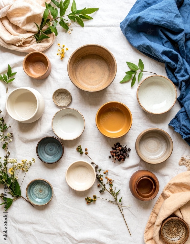 Poster varied collection of bowls and plates on linen base creating a handcrafted table display