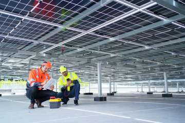 Electrical engineers are inspecting and installing a solar panels on the building rooftop.