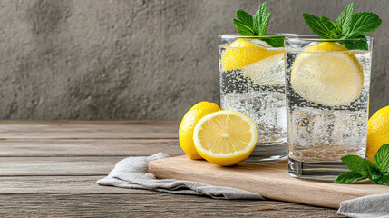 Refreshing sparkling mineral water with lemon slices and mint leaves