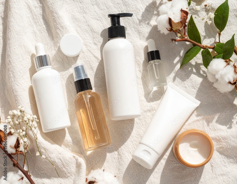 Poster elegant flat lay display of white bottles and soft towel on linen background with warm hues