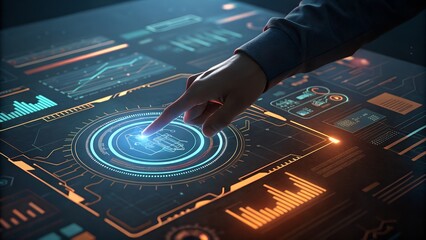 Futuristic Touchscreen Interface with Data Visualization and Holographic Controls