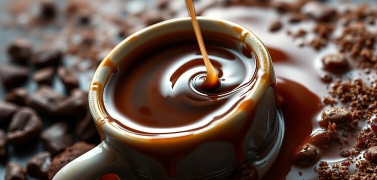 Dark roasted coffee, swirling brown sugar dissolving, caffeinated, black coffee