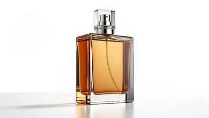 Minimalist amber glass perfume bottle isolated on white, exuding modern elegance and luxury branding appeal.
