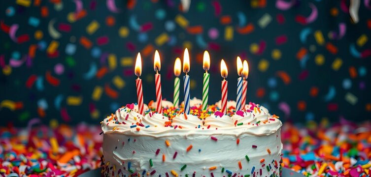 Festive birthday cake with lit candles, colorful confetti backdrop,  food,  sweet