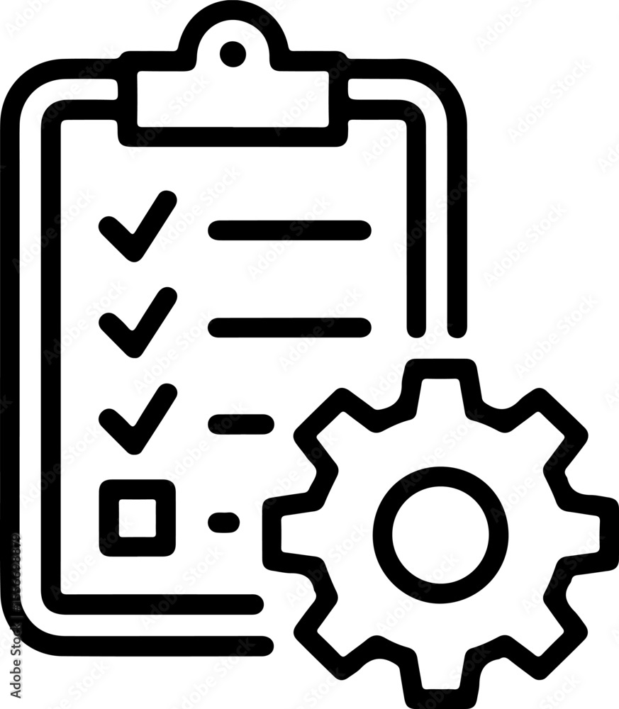 Poster clipboard with checklist and gear icon representing task management and process optimization