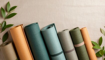 Vibrant collection of yoga mats arranged beautifully on soft cotton background in hues