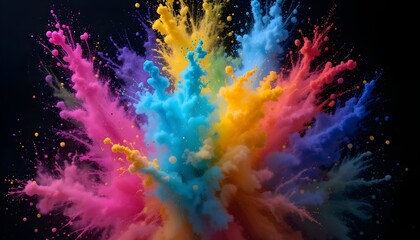 "Colorful Holi powder explosion background with flying pigment clouds on black backdrop"