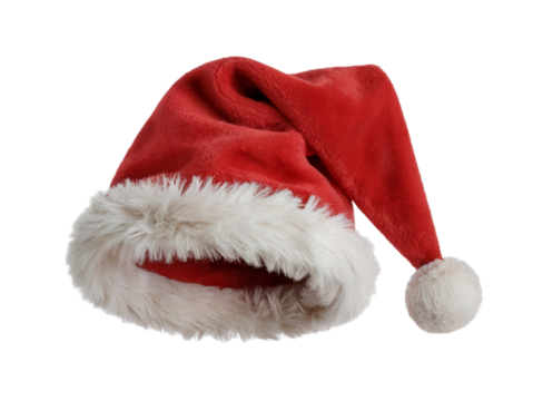 A classic santa hat with fluffy white trim, isolated on transparent background