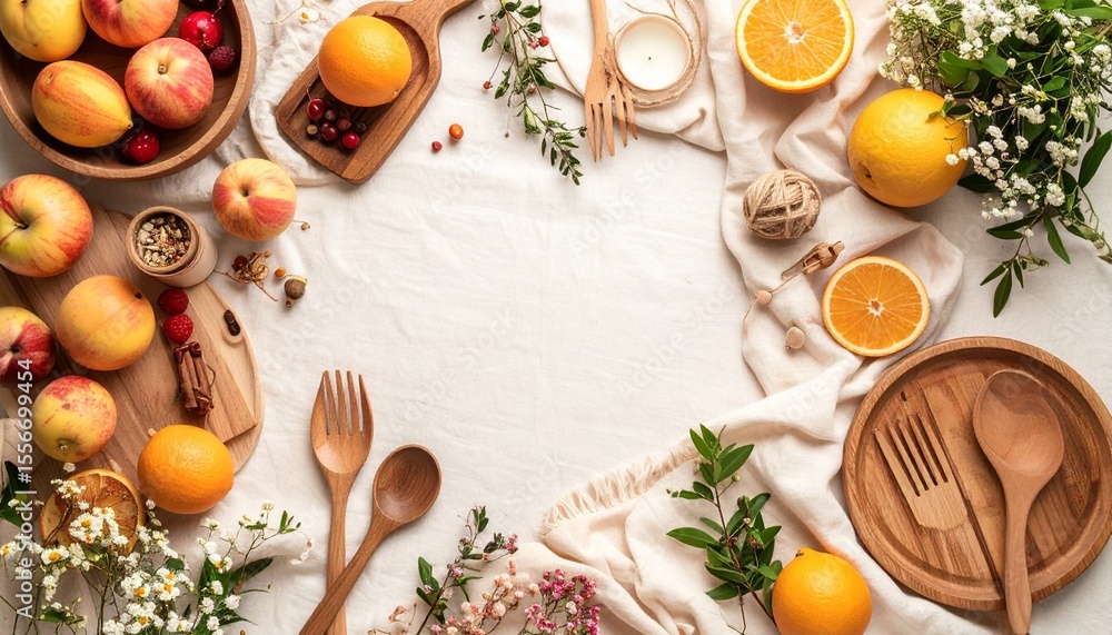 Poster elegant display of assorted fresh fruits and colorful flowers on a soft linen background