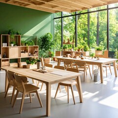 Fototapeta premium Bright and inviting dining area with a stylish table and chairs made from recycled wood