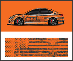 Orange Car Wrap with Grunge USA Flag Design