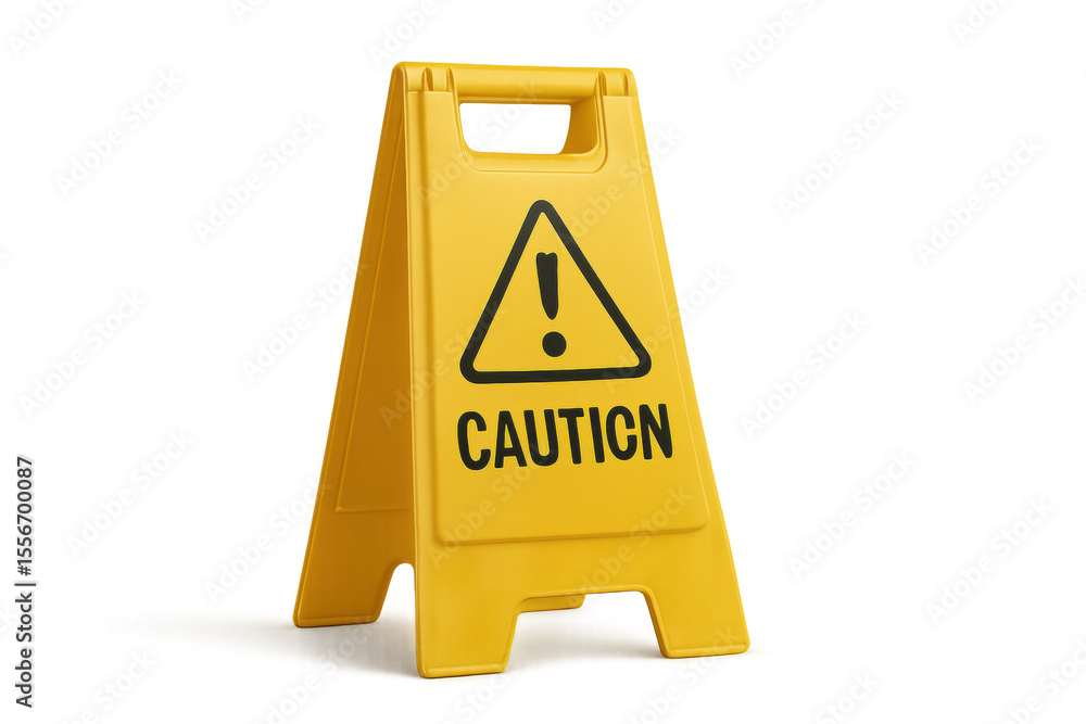 Poster yellow caution sign with exclamation point symbol is warning about danger on a transparent backgroun