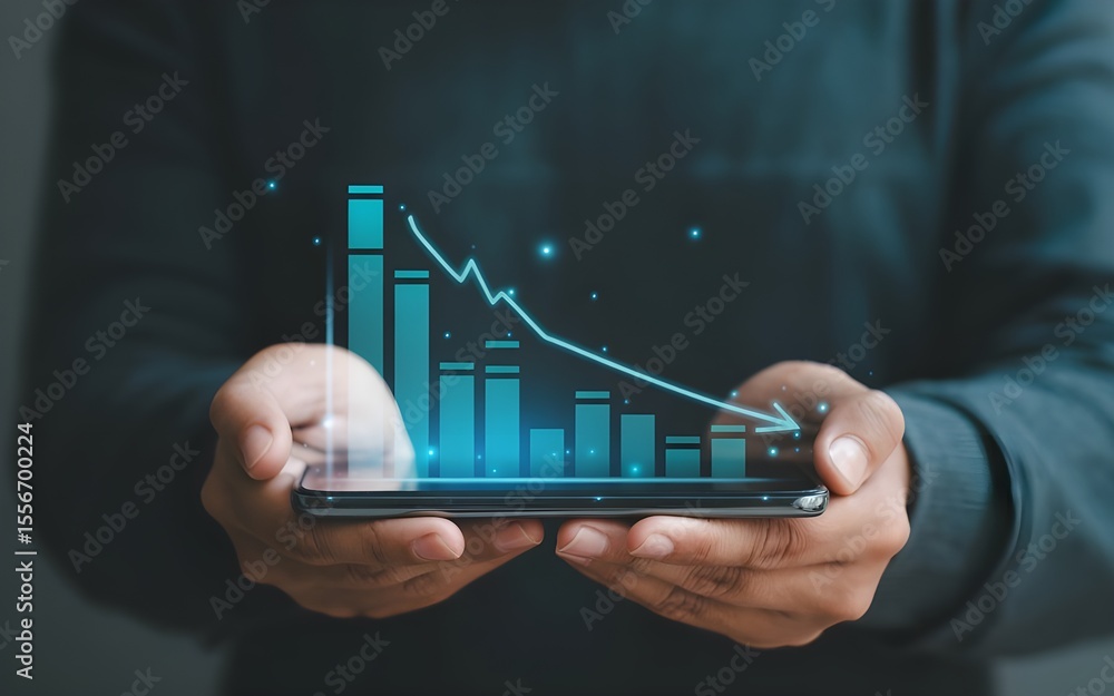 Poster hands holding smartphone displaying a glowing blue downward trending bar graph with a line graph and