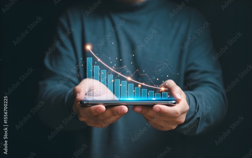 Poster person holding a smartphone displaying a glowing downward trending bar chart with a line graph showi