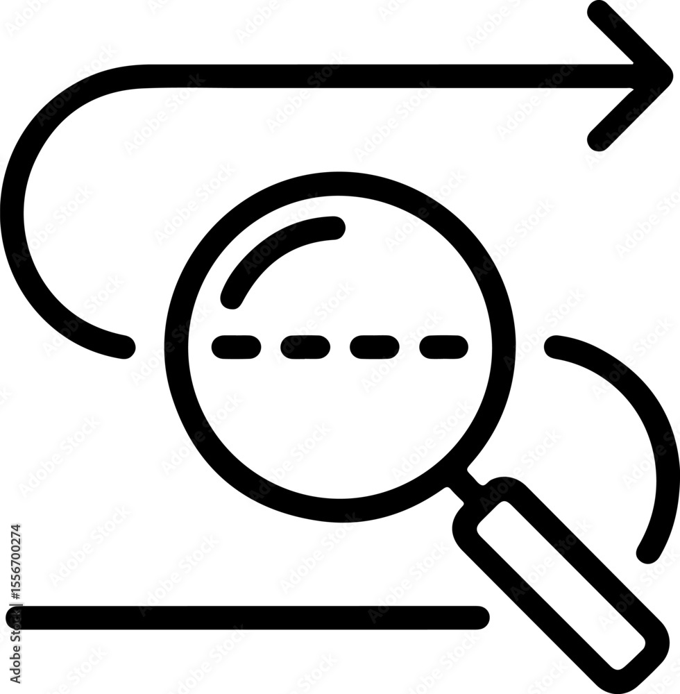 Poster magnifying glass examining a dashed line with an arrow indicating progress
