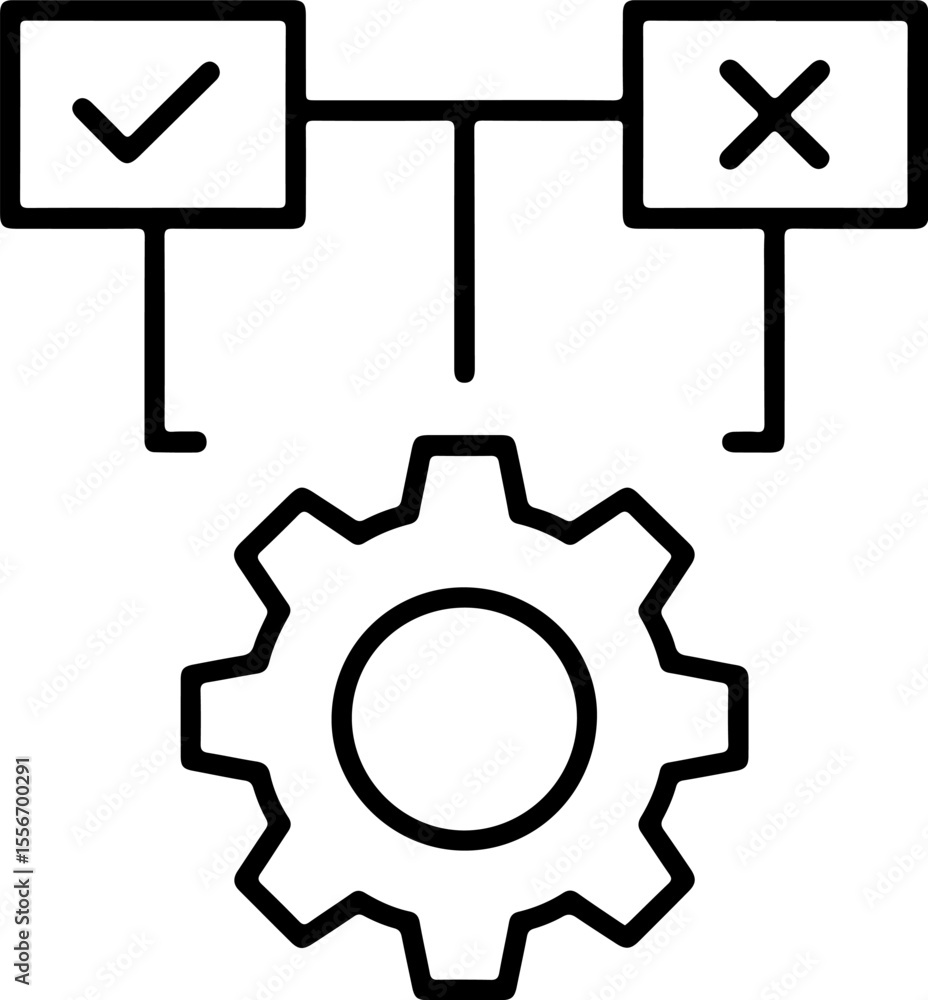 Aufkleber process flow with checkmark and cross symbols connected to a gear icon