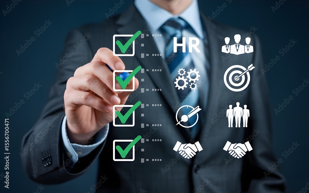 Poster human resources professional checking off tasks on a digital checklist with icons representing teamw