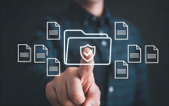 Person s finger touching a digital folder icon with a shield and checkmark surrounded by document icons on a dark background