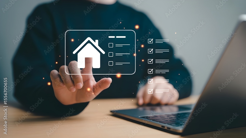 Poster person s hand interacting with a digital interface displaying a house icon and a checklist with comp