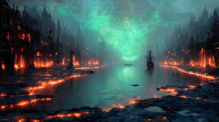 Hyperrealistic Greek Mythology Underworld PNG Material | Phlegethon River, Charon's Ship, Punished Souls, Hades Palace, Erebus Sky, Chthonic Realm