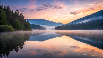 Fototapeta premium Misty mountain lake at sunrise with colorful sky and forest reflection