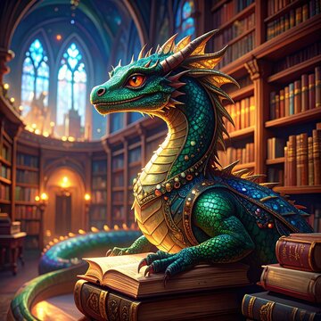 Enchanting dragon perched on an abundant pile of ancient books in a magical library scene