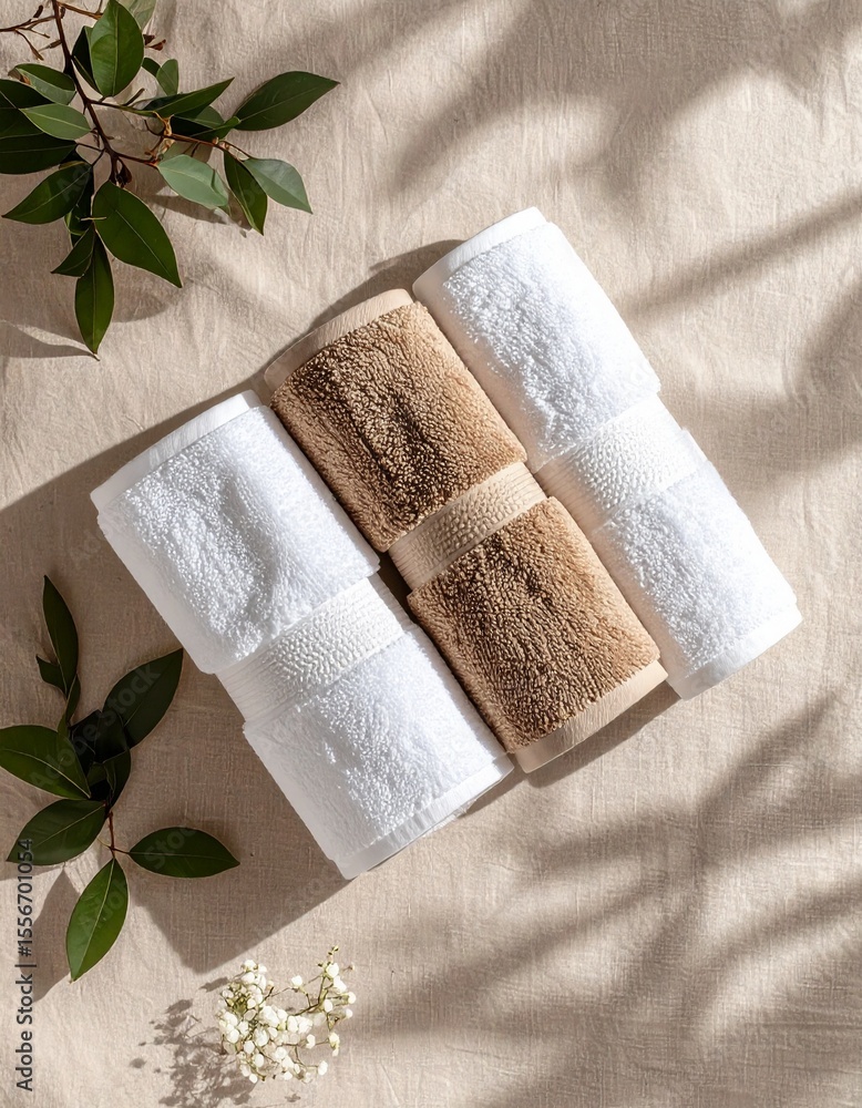 Poster neatly folded spa towels on a canvas background with desert hues and soft shadows displayed