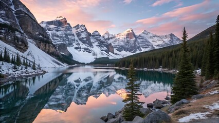 Majestic snow capped mountains reflected in a calm turquoise lake at sunrise