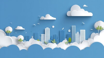 Paper Cut Cityscape With Clouds And Trees