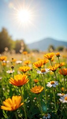Obraz premium Sunlit Wildflower Meadow Blissful Summer Scene of Vibrant Blooms and Positive Energy