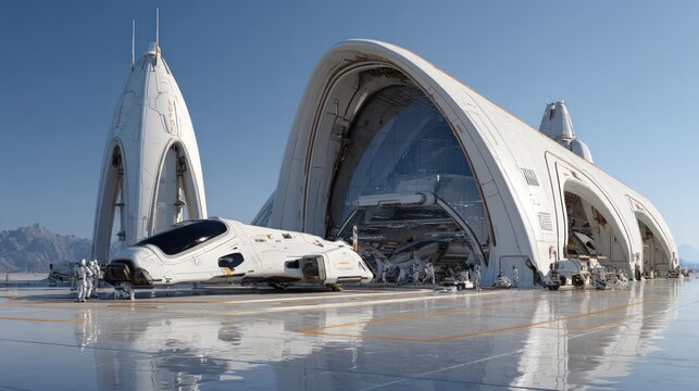 Futuristic Spaceship Docking at a Sleek, Modern Spaceport Under a Clear Blue Sky