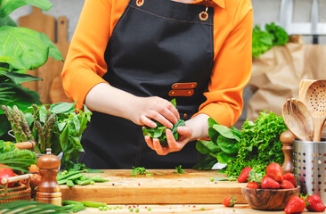 Healthy vegan cooking in a vibrant kitchen with fresh vegetables and a passionate chef preparing a...