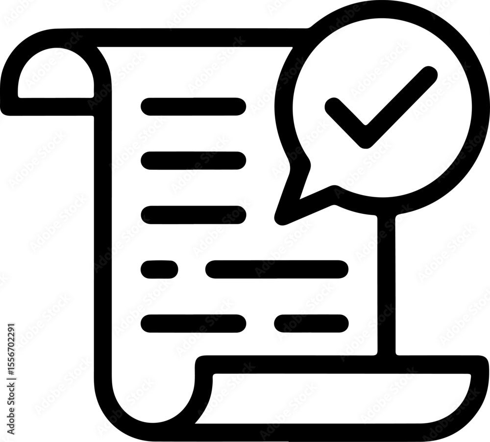 Poster document with a checkmark in a speech bubble icon representing approval or completion