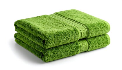 Stacked green towels on white background