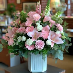 Elegant pastel pink and white floral arrangement in a stylish vase