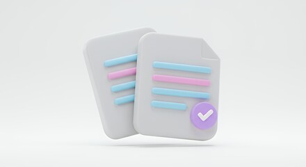 3D Render of Pastel Colored Documents with Checkmark Icon: A Digital Illustration of Completed Tasks or Approved Files